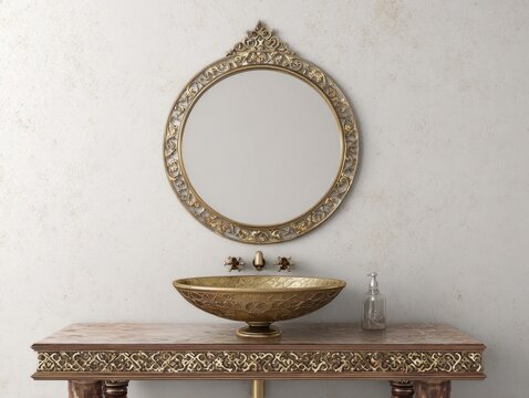 Ornate golden basin and mirror adorns an elegant bathroom vanity.