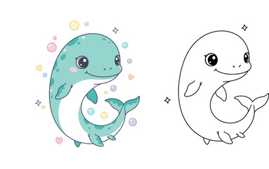 Obraz premium Adorable Kawaii Dolphin Bubbles Coloring Page