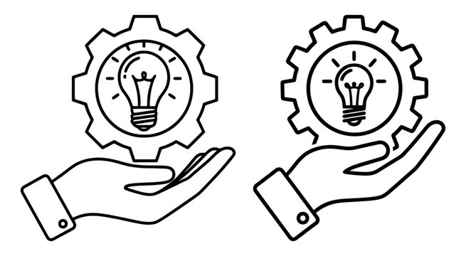 Gear with lightbulb held by hands black and white line icon