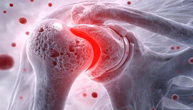 3D anatomy illustration of the knee joint showing osteoarthritis with cartilage degeneration