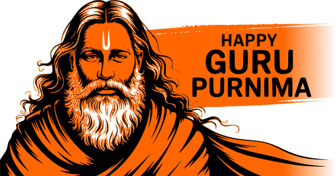 Happy Guru Purnima festival greeting card banner design featuring a detailed artistic portrait illustration of a spiritual sage teacher guru with a beard and a warm orange paint brush stroke