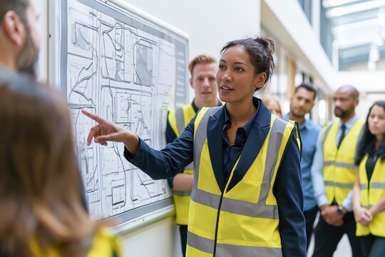 A confident female manager in a reflective safety vest points to an evacuation floor plan map during an orientation briefing for a diverse staff group in a bright office hallway
