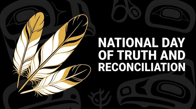 National Day of Truth and Reconciliation, Indigenous awareness, feather illustration, gold and white feathers, reconciliation background