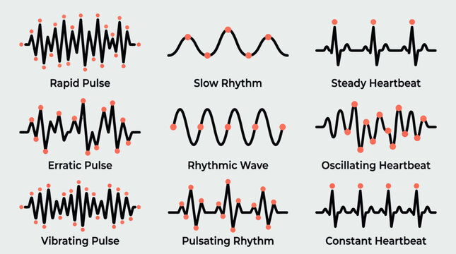 Heart rate pulse wave vector icons showing rapid and erratic heartbeat