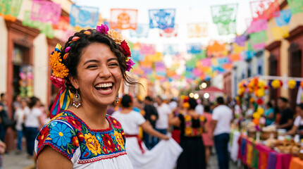 Fototapeta premium Joyful woman in embroidered dress at colorful street festival