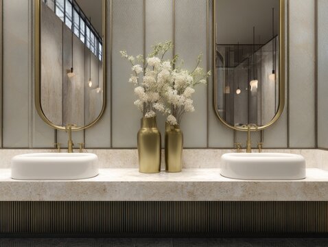 Elegant bathroom features twin sinks with gold faucets and decorative vases.