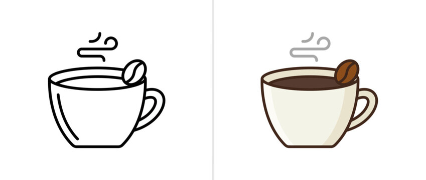Coffee cup icon with coffee bean and steam line art