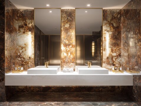 Luxurious bathroom features twin sinks and opulent marble.