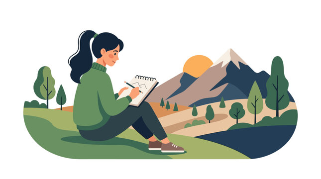 Young woman artist sketching mountain landscape scenery at sunset outdoors flat vector illustration.