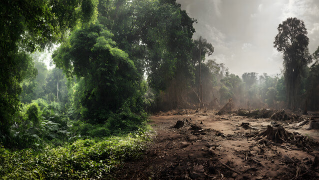 Contrasting lush rainforest and deforested land under cloudy sky
