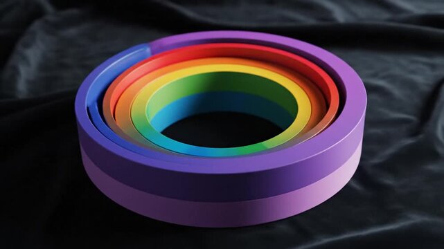 A stack of colorful rainbow rings on a dark fabric background