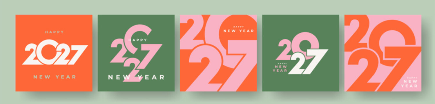 Set of 2027 Happy New Year logo text design. 2027 number design template. Collection of 2027 Happy New Year card, cover, poster. Vector illustration with labels isolated on colorful background.