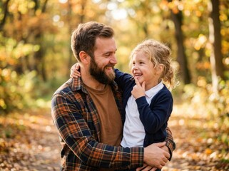 Fototapeta premium A father and his daughter sharing a joyful embrace in an autumnal forest setting.