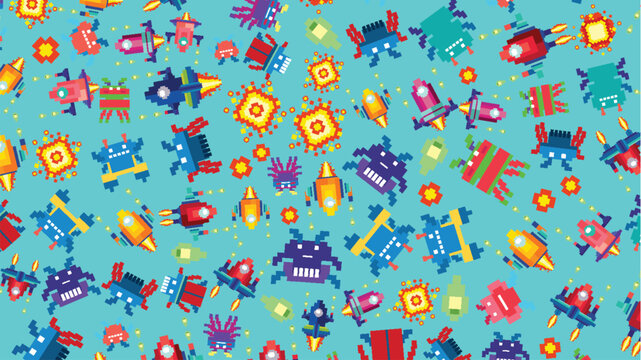 Retro Pixel Art Space Invaders and Spaceships Seamless Pattern Background