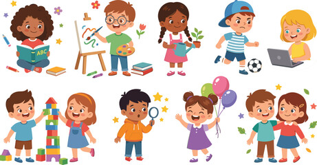 Fototapeta premium Cute Multicultural Children Activities Vector Illustration Set Featuring Learning, Drawing, Reading, Playing and Preschool Educational Development Concepts