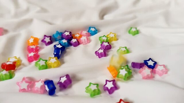 Colorful Star Beads Levitating on White Stretch Fabric in Slow Motion