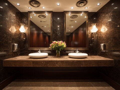 Elegant marble restroom features dual sinks and decorative lighting.