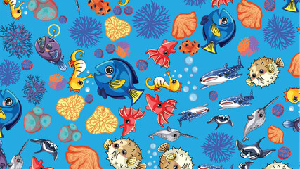 Seamless Cartoon Pattern of Colorful Ocean Animals and Coral Reef Life © blueringmedia