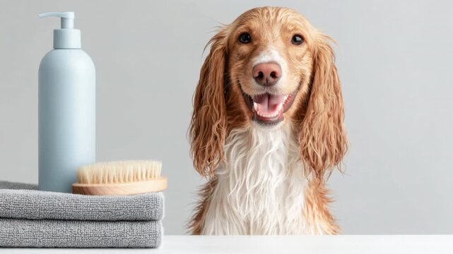 Wet dog after bath sitting next to brush bottle and towels grooming hygiene care concept with white background and copy space