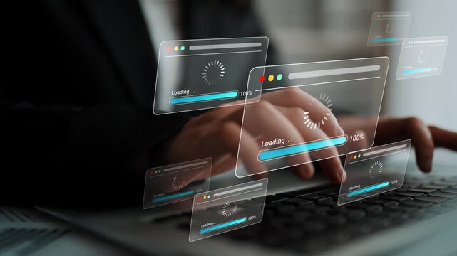 Business professional using laptop with digital loading screens, demonstrating technology progress, productivity, and online activity in a modern office setting Gluon.