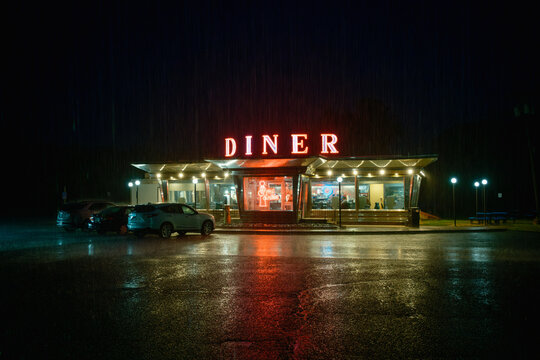 Diner on a rainy night in Whately, Massachusetts