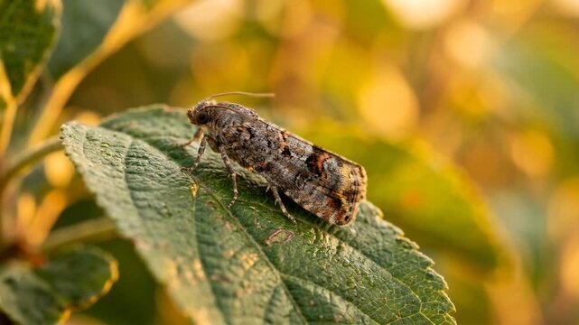 codling moth on apple tree leaf in washington usa golden light close up video