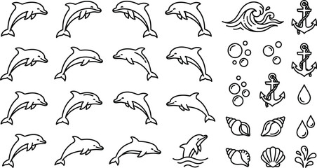 Obraz premium Dolphin Outline Icon Collection Vector Illustration Featuring Marine Animals, Ocean Symbols, Waves, Anchors, Shells and Nautical Elements