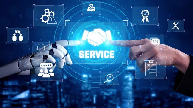 AI-assisted support system for business services showing hands-on process, communication, and teamwork icons Marrow