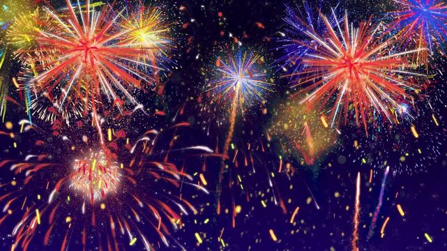 Vibrant fireworks display with heart shaped sparkler on dark blue night sky background