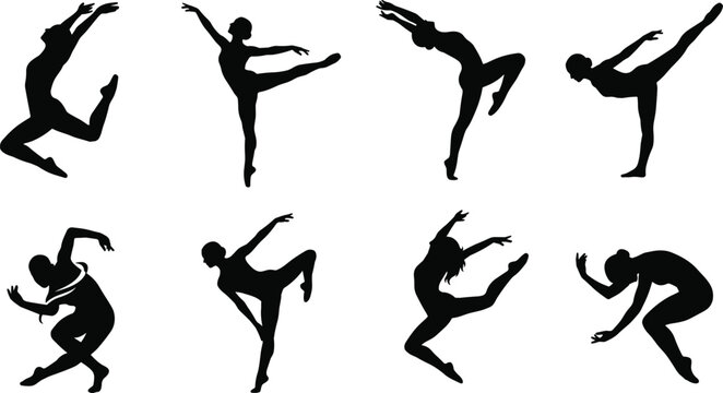 Contemporary Dance Silhouette Collection with Ballet Gymnastics and Modern Dance Pose Vector Set
