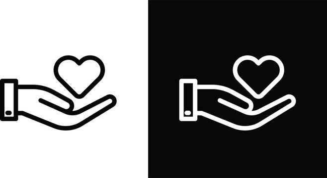 Hand holding heart icons in black and white colors