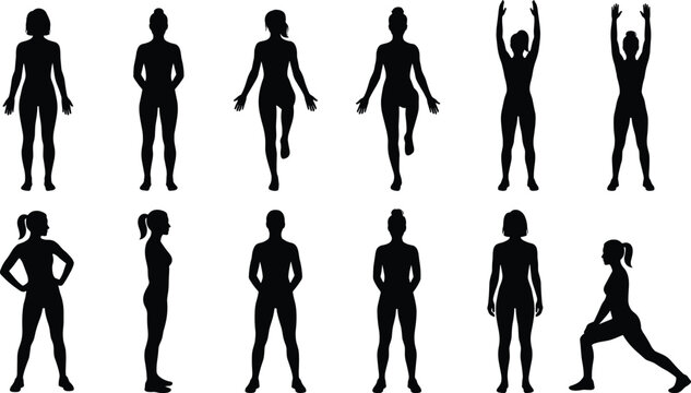 Female Fitness Pose Silhouette Collection with Standing Exercise and Stretching Vector Set