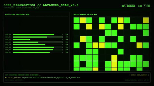 Core Diagnostics CPU Load Memory Sector Scan Animation Green Screen.
