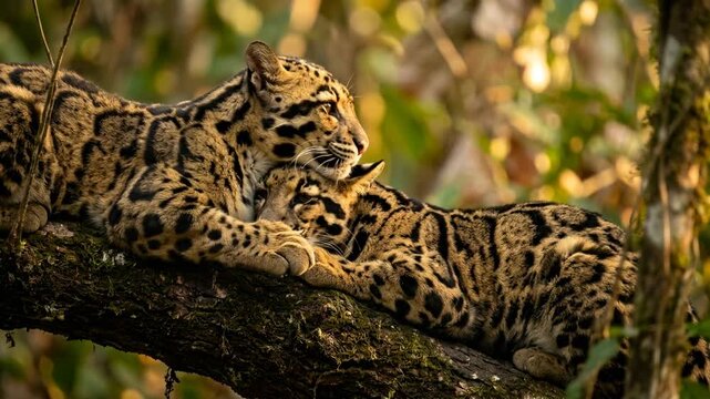 two clouded leopard in khao yai national park thailand golden light close up video