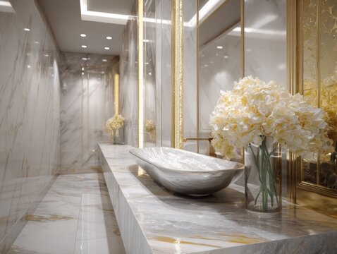 Luxurious marble bathroom with elegant vanity and floral arrangement.
