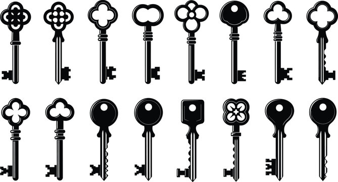 Set of vintage key silhouettes, antique skeleton keys vector collection, retro black icons, old door lock security symbols, decorative illustration.