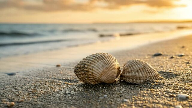 two cockle shells on north sea beach netherlands golden light close up video