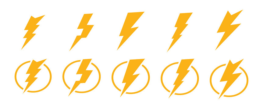Set Of lightning bolt or thunder icons .Vector Illustration. Lightning Bolt Icon Set in yellow color and different Style. Yellow lightning bolt icons ideal for electric thunder shapes. eps10.
