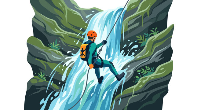 Adventurous athlete rappelling down a steep waterfall during a canyoning trip flat design vector illustration