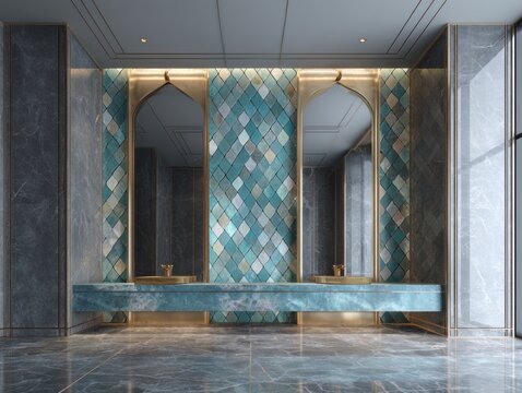 Luxurious modern bathroom features marble and patterned tiles.