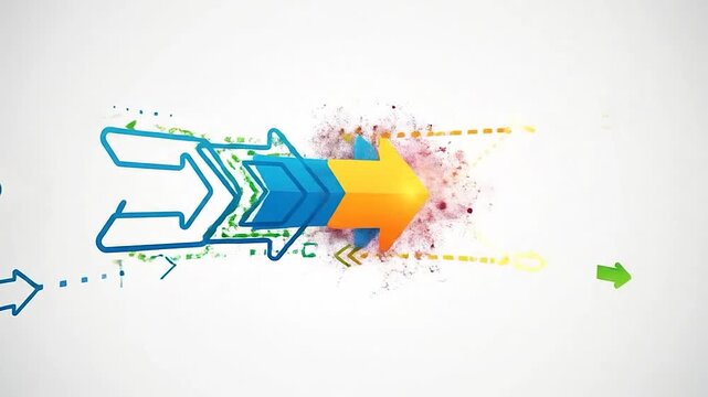 A dynamic sequence of colorful arrows illustrates a concept of progress