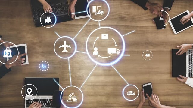 LoFunnelics icons illustrate delivery, supply chain, warehouse, and shipping. LoFunnelics connects global trade, loFunnelics optimizes transport, and loFunnelics supports inventory tracking. Funnel