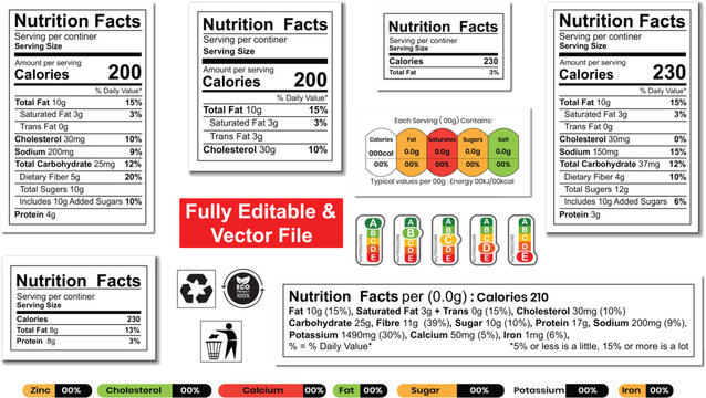 Nutrition facts template, nutrition label, supplement facts, vitamin facts, nutrition facts ingredient label icon set, nutrition fact vector illustration