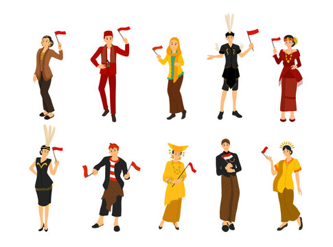 Illustration set featuring cheerful male and female characters wearing various traditional Indonesian costumes while holding small Indonesian flags