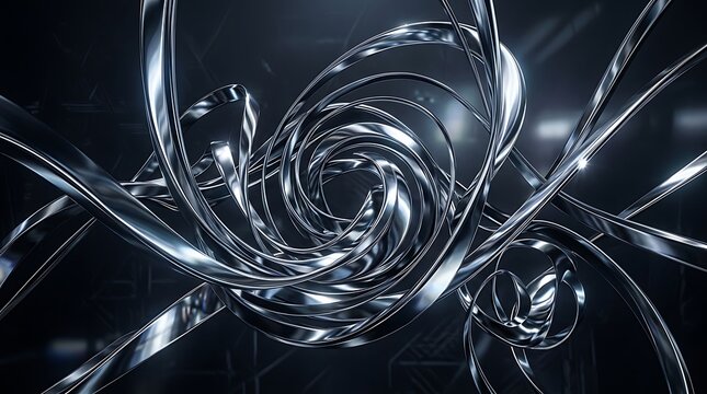 Metallic silver swirls, abstract chrome background, shiny reflective curves, modern design element