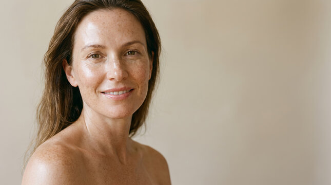 Natural beauty portrait of freckled woman with bare shoulders