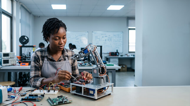 Young black woman engineer building robotic arm in tech lab