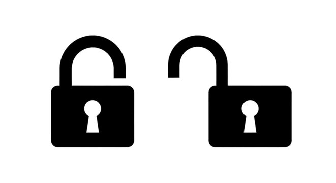 Minimal black silhouette icon, simple flat vector, bold black shape, no, no shading set of two black padlock icons, one locked and one unlocked on a, flat icon style