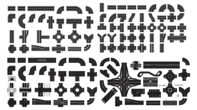 Set of Road and Highway Vector Icons Showing Curves, Intersections, Roundabouts and Lane Markings 
