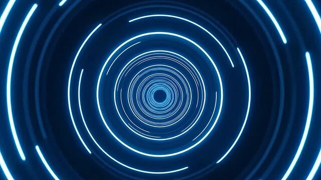 Abstract blue light tunnel with glowing concentric circles and dashed lines